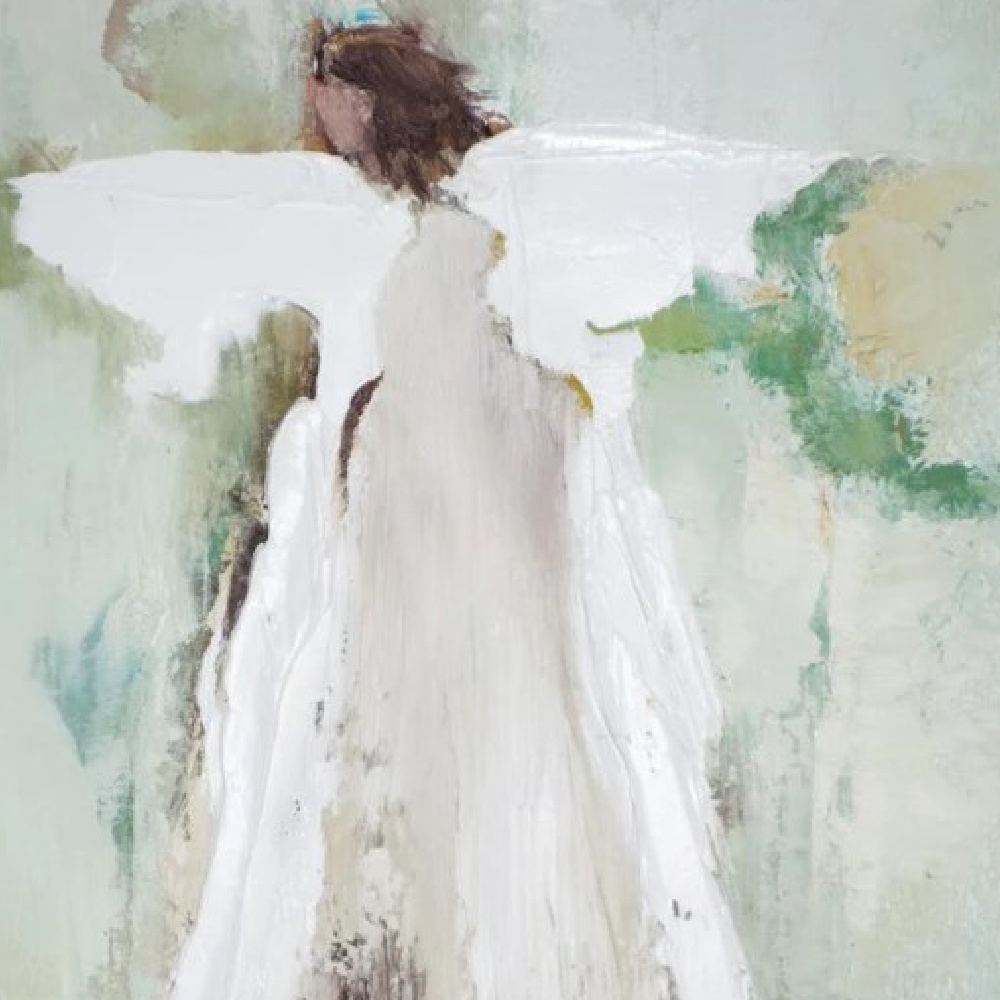 Angel painting by Anne Neilson with aqua and green. #angelpaintings #christianart