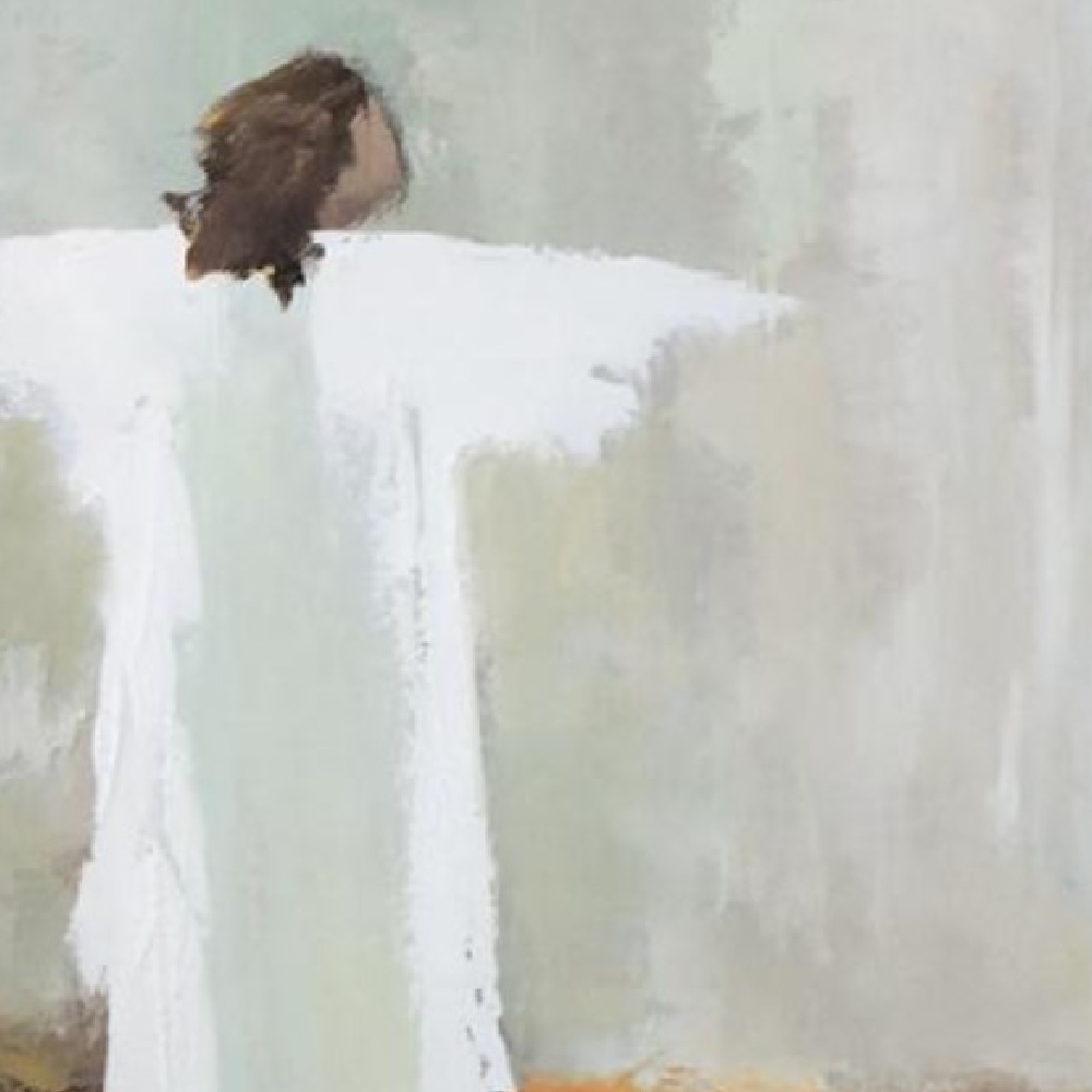 Beautiful angel painting by Anne Neilson with warm grey and brown. #christianartist #angelpainting