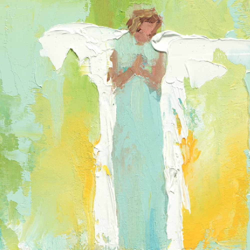 Painting of angel praying with aqua and yellow - by Anne Neilson, author of ENTERTAINING ANGELS. #christianartist #angels