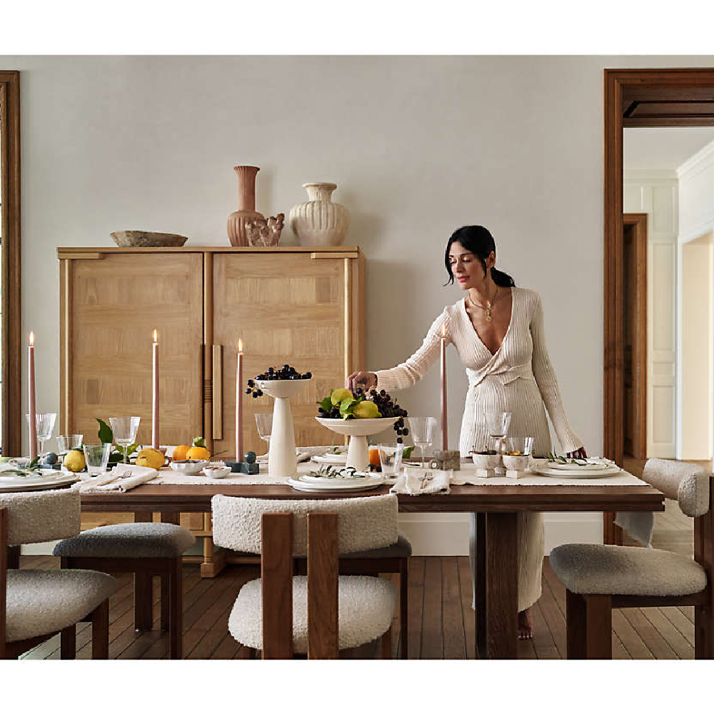Athena Calderone in dining room with furniture pieces she designed for Crate & Barrel.