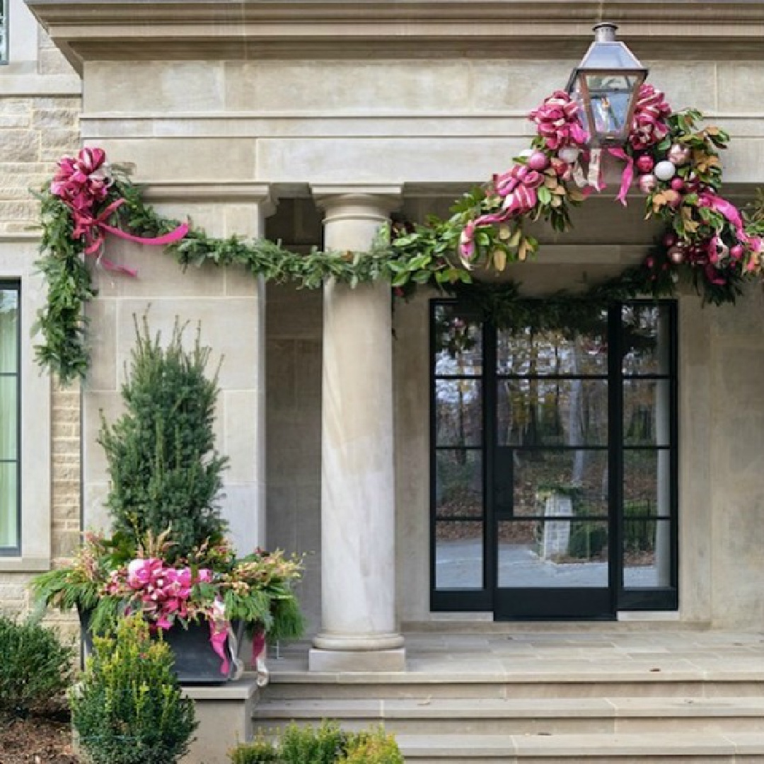 Atlanta Holiday Home exterior with hot pink ribbon garland. #atlantaholidayhome