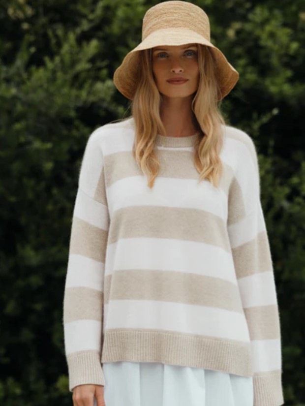 Boyfriend sweater in white and tan wide stripes, Jenni Kayne.