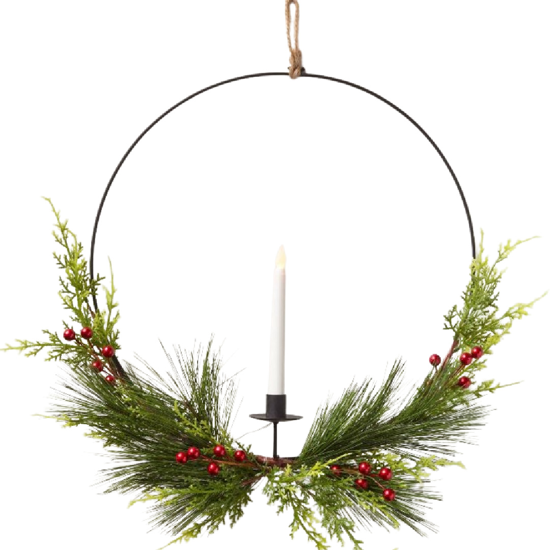 Christmas hoop wreath with battery operated candle to hang in window - Target. #hoopwreath #windowwreath