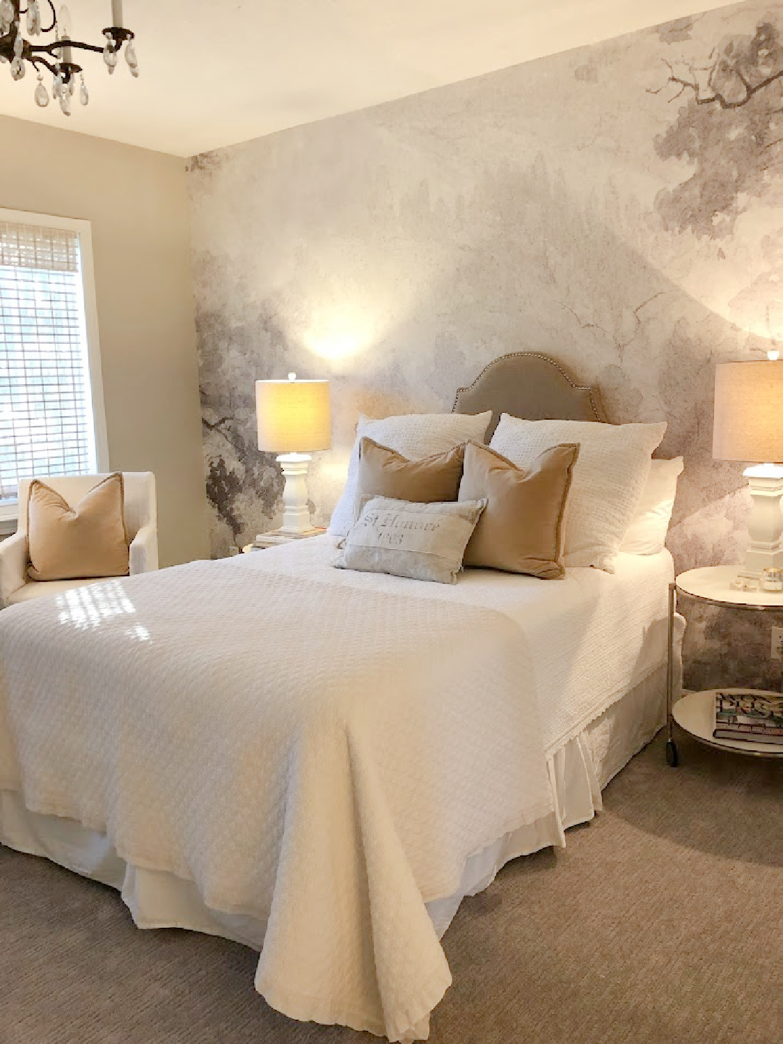 Serene bedroom with grisaille scenic mural ("Beauty Everywhere" from Photowall) - Hello Lovely Studio. #grisaille #wallpapermural