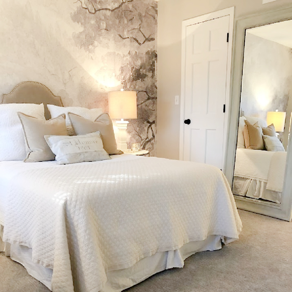 Serene bedroom with grisaille scenic mural ("Beauty Everywhere" from Photowall) - Hello Lovely Studio. #grisaille #wallpapermural