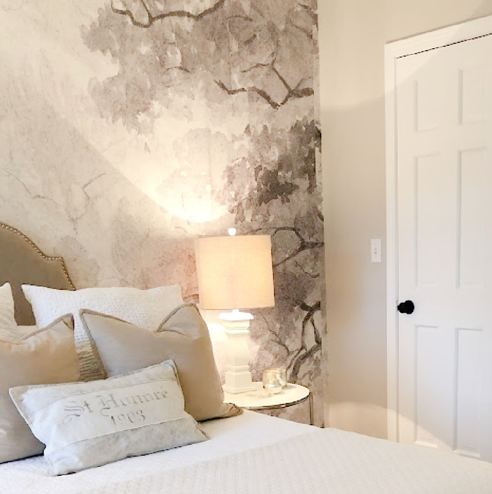 Serene bedroom with grisaille scenic mural ("Beauty Everywhere" from Photowall) - Hello Lovely Studio. #grisaille #wallpapermural