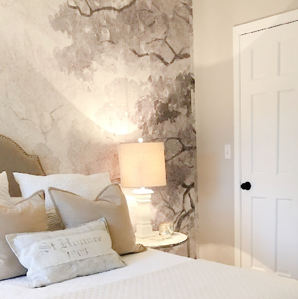 Serene bedroom with grisaille scenic mural ("Beauty Everywhere" from Photowall) - Hello Lovely Studio. #grisaille #wallpapermural