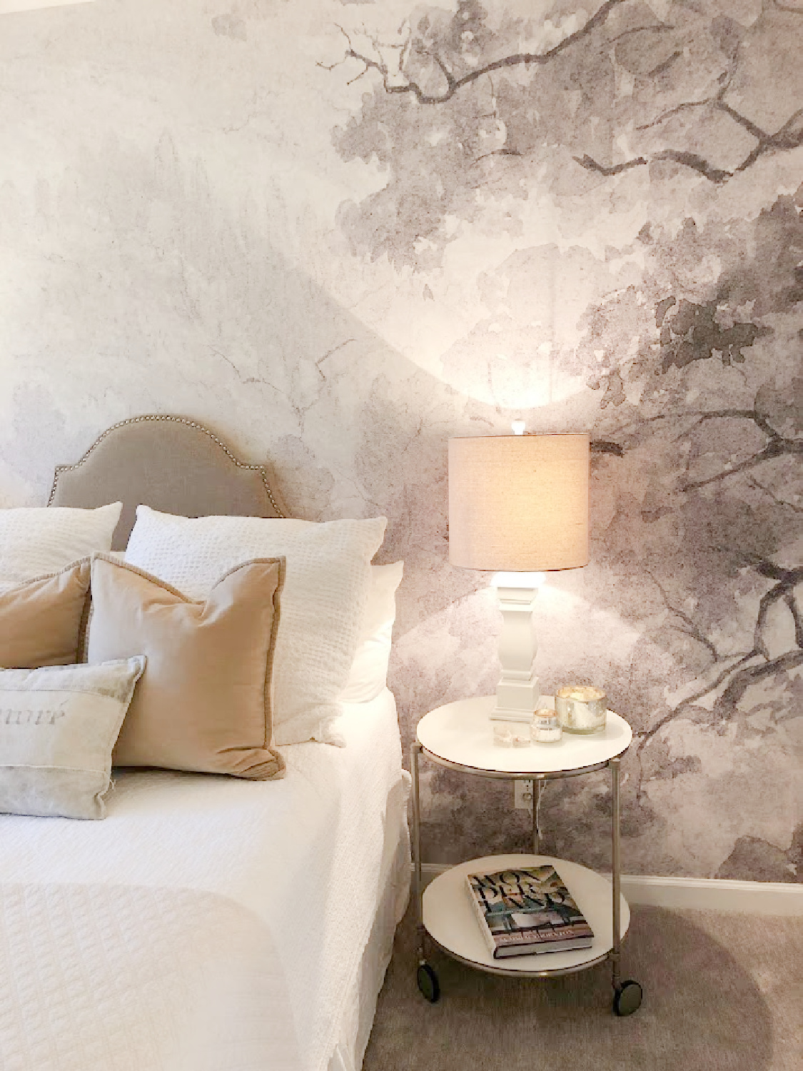 Serene bedroom with grisaille scenic mural ("Beauty Everywhere" from Photowall) - Hello Lovely Studio. #grisaille #wallpapermural