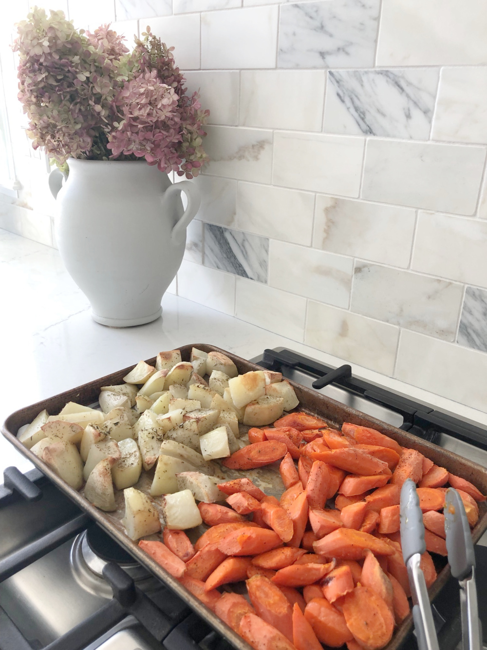 Roasted veges in my white kitchen - Hello Lovely Studio.