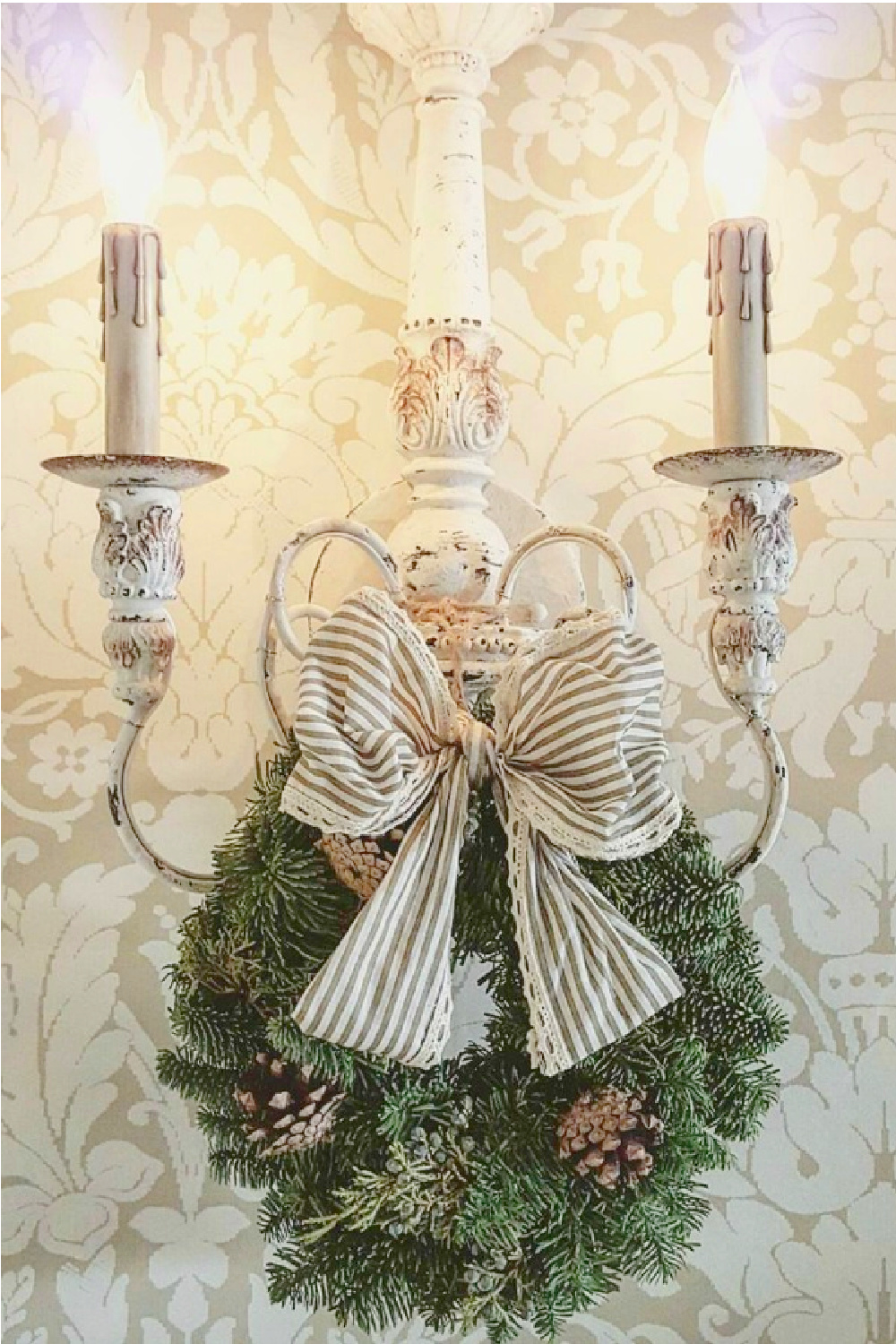 French country sconce with wreath and French ticking ribbon - The French Nest Co.