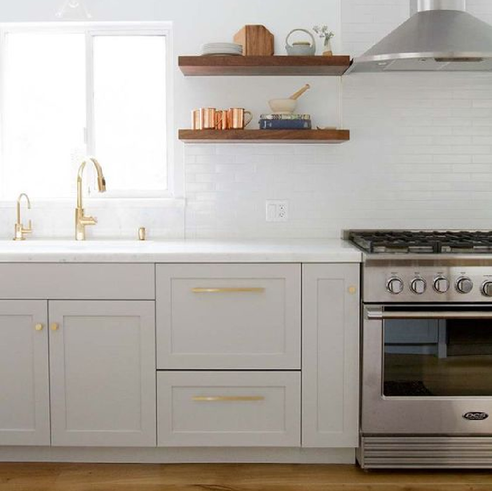 Modern farmhouse kitchen with cabinets painted Pavilion Gray - Lauren Bradshaw. #paviliongray