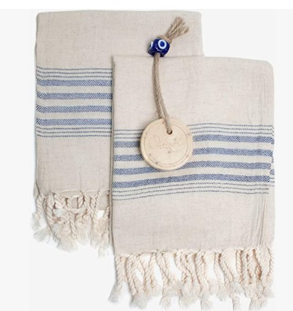 Set of two blue striped Turkish tea towels.