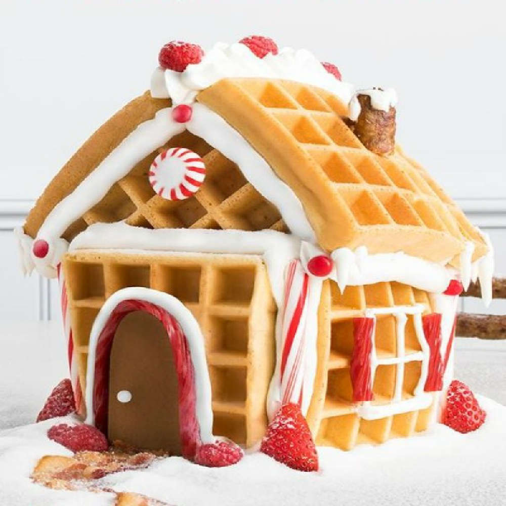 Waffle gingerbread house cottage with licorice, strawberries, whipped cream and chocolate - Target. #wafflehouse 