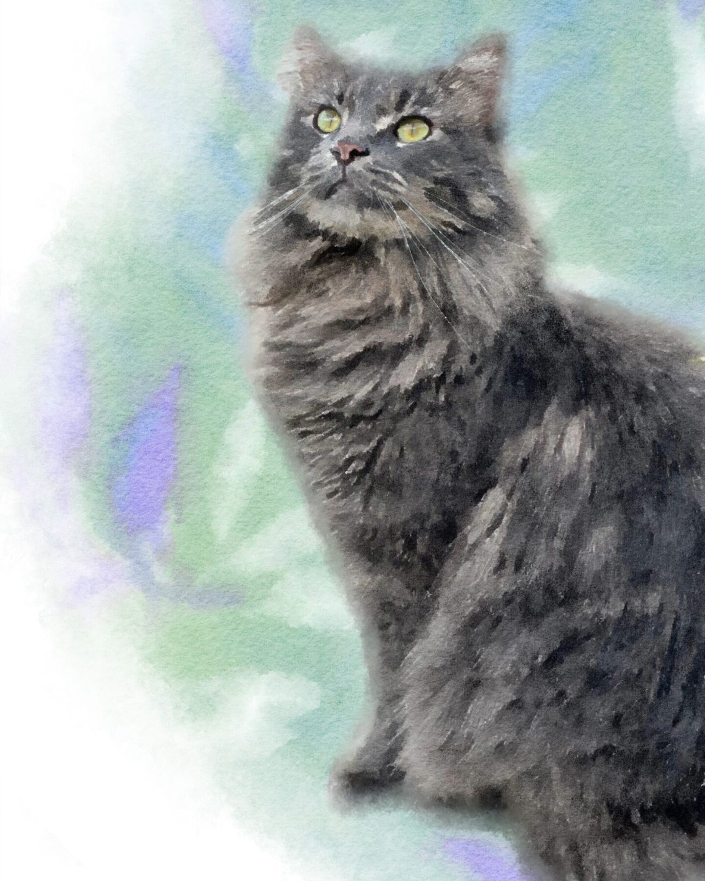 Custom Minted Watercolor Pet Portrait of gray cat with green and lavender background - Hello Lovely Studio.