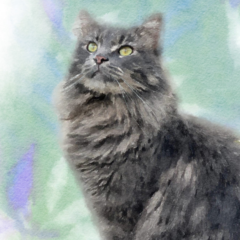 Custom Minted Watercolor Pet Portrait of gray cat with green and lavender background - Hello Lovely Studio.