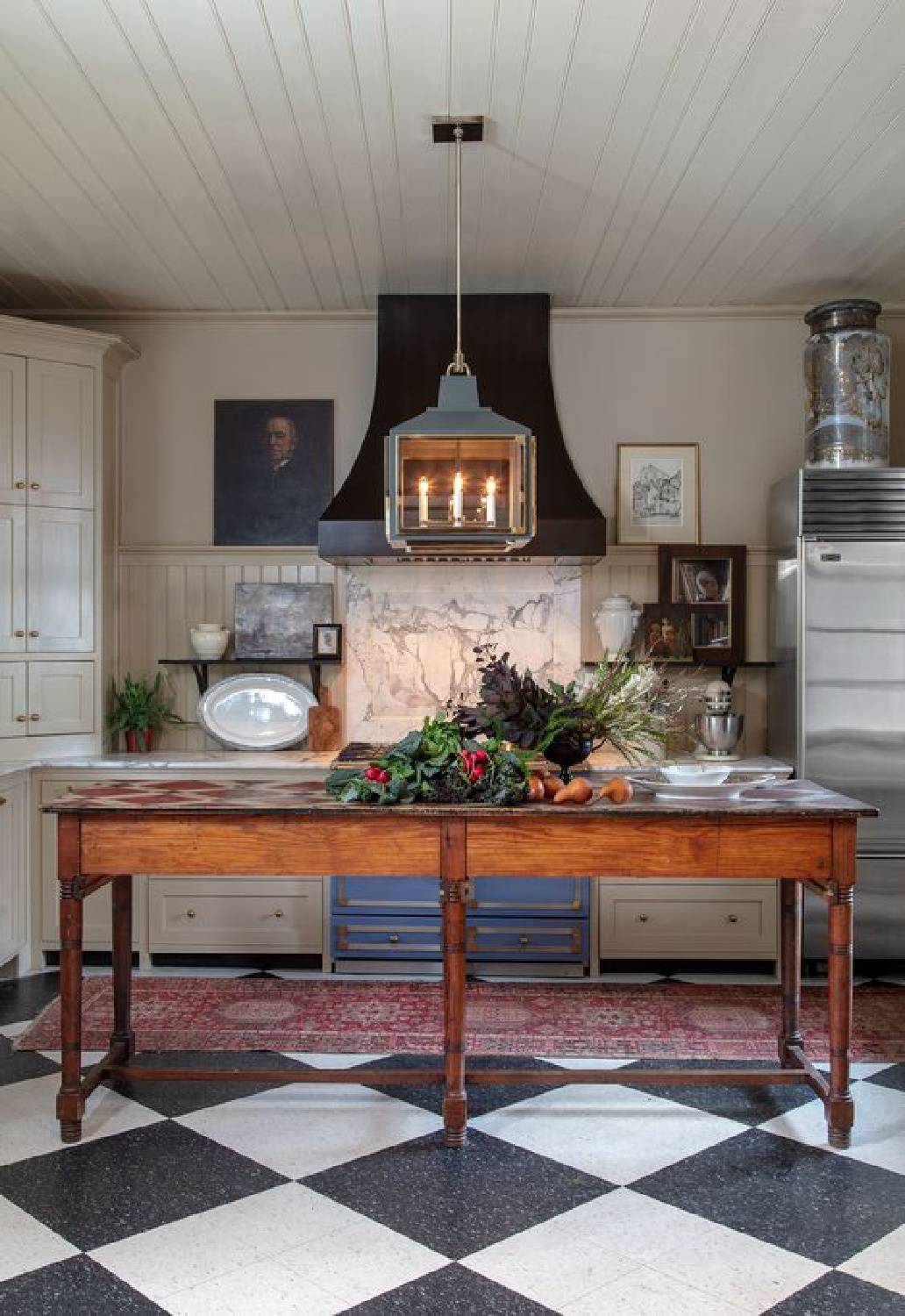 Chelsea Hanging Lantern (Urban Electric) in a gorgeous Old World kitchen with large checkered floors, and antique wood work table. #checkeredfloors