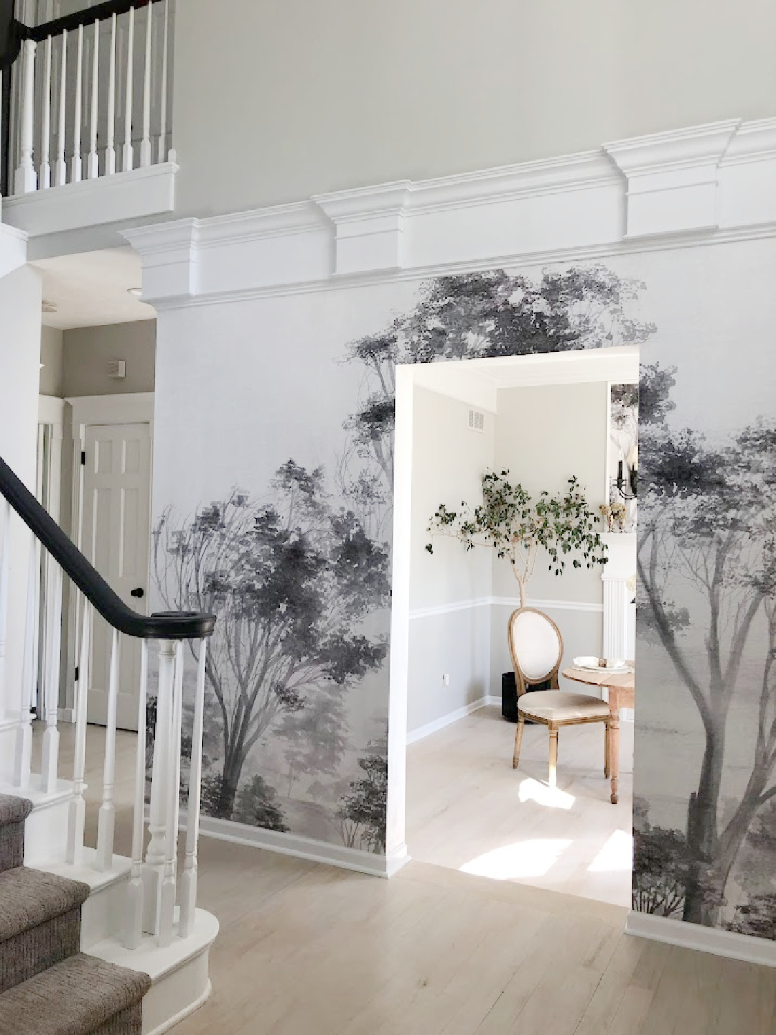 Renovated entry with dark gray doors (SW Carbonized), walls painted SW Repose Gray, tree mural (Photowall), and greyed oak hardwoods - Hello Lovely Studio.