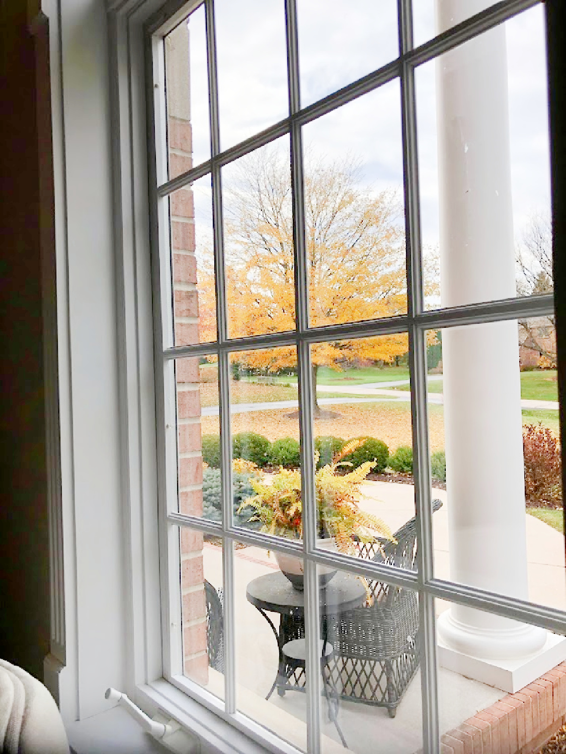 Fall trees and porch through the living room window - Hello Lovely Studio.