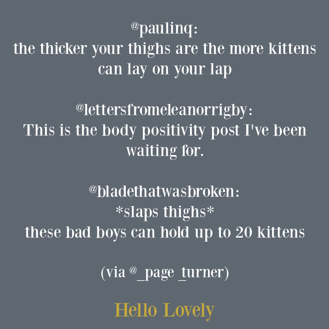 Body positivity and cat lover tweets via @_page_turner on Hello Lovely Studio. #oneoffhumor #cathumor #cattweet