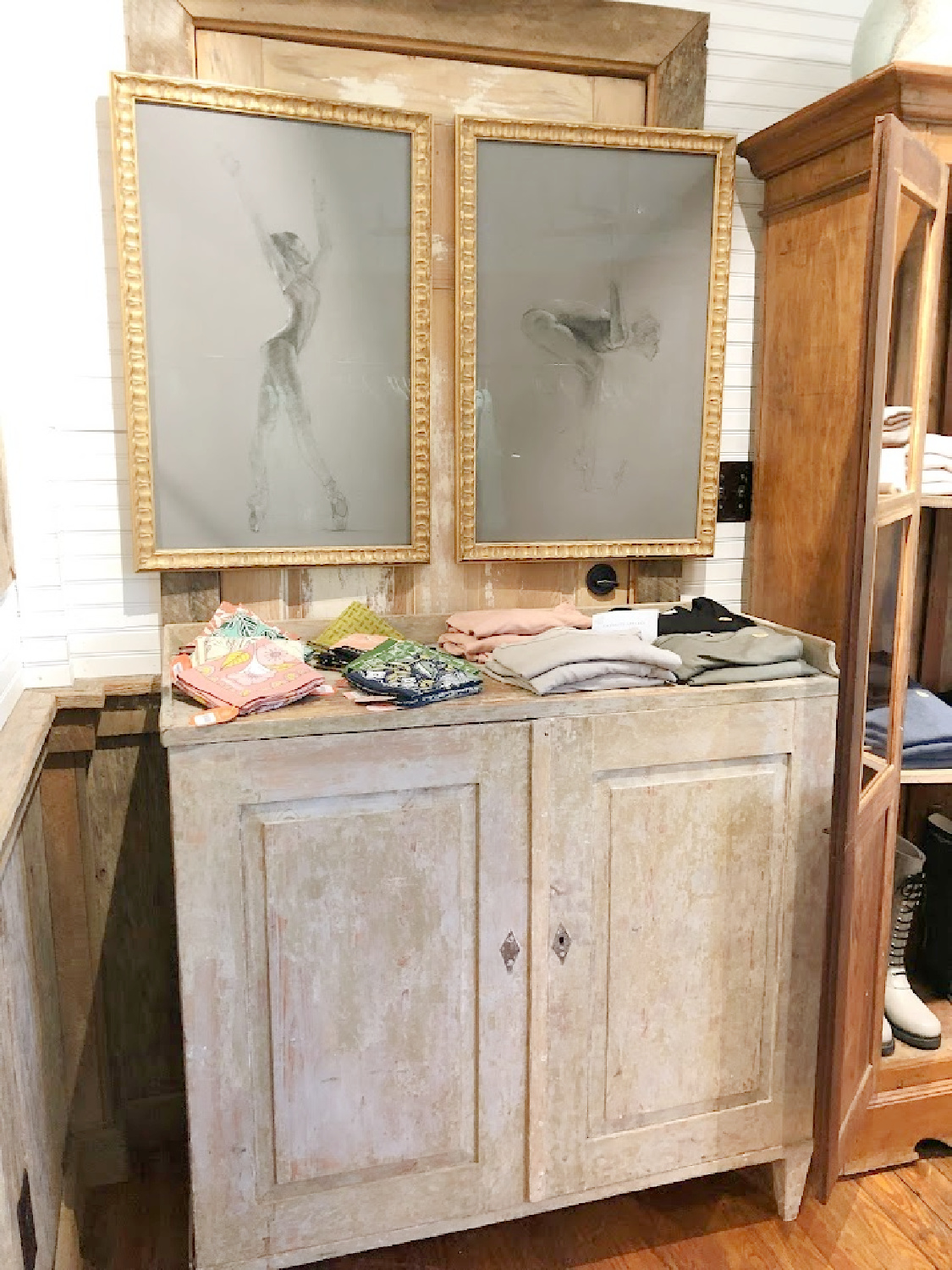 Swedish antique cupboard and ballerina sketches at shop near Franklin - Patina Home & Garden shop from Giannettis in Leiper's Fork, TN - Hello Lovely Studio. #patinahome #leipersforktn