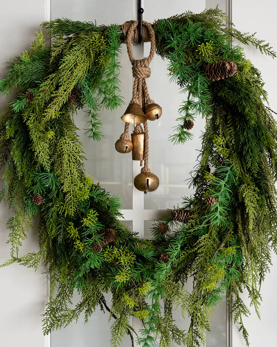 Artificial cedar and pinecone wreath with brass bells - McGee & Co. #cedarwreath #holidaywreath