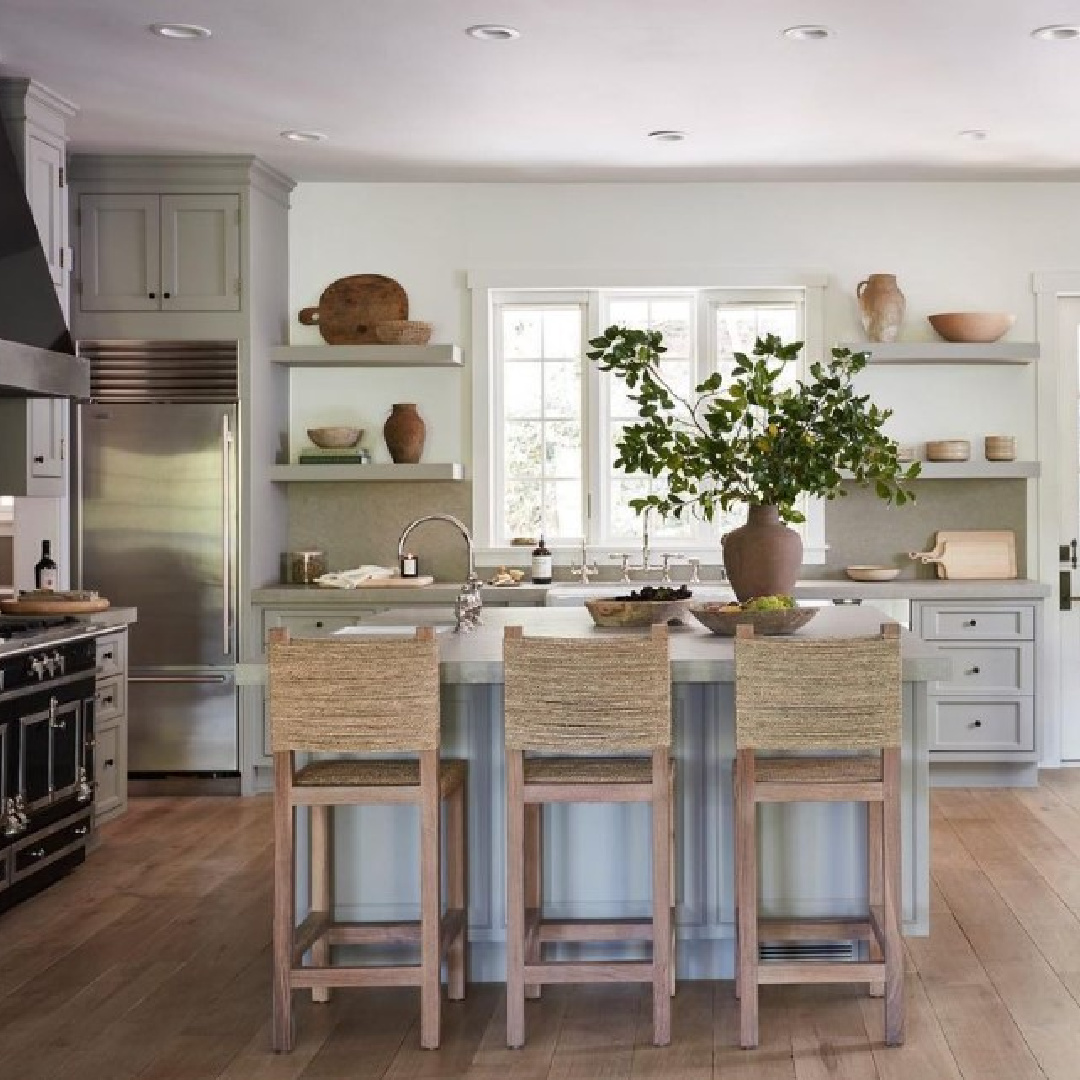 California calm and natural Jenni Kayne kitchen with open shelving, French range, and Pacific Natural style.