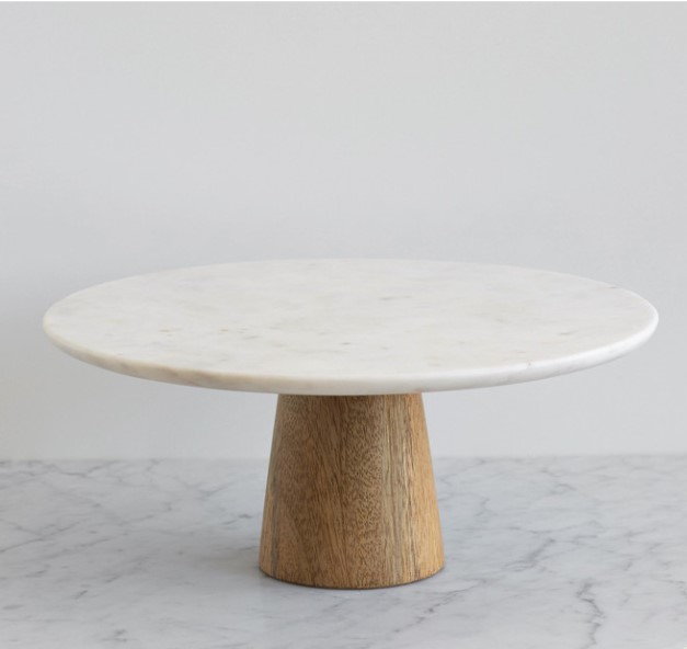 Round marble and mango wood cake pedestal, Minted. #cakepedestal #marblepedestals