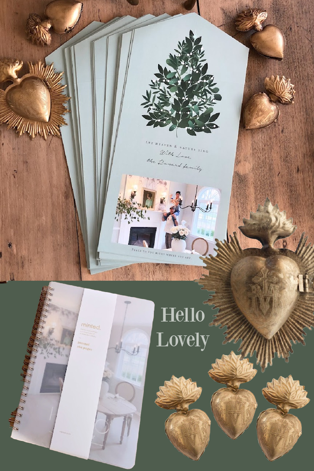 Our Minted Christmas card, customized photo notebook, and gold sacred milagros - Hello Lovely Studio.