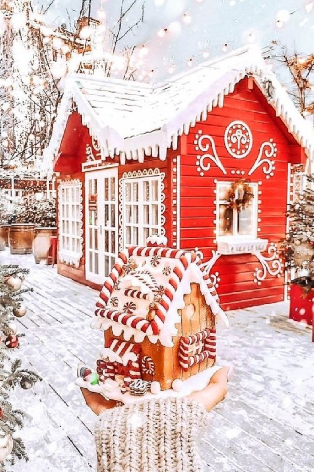 Christmas red cottage in snowy woods - Candycanesandsnowflakes54. #cozychristmas #christmascottage #redcottage #snowywoods