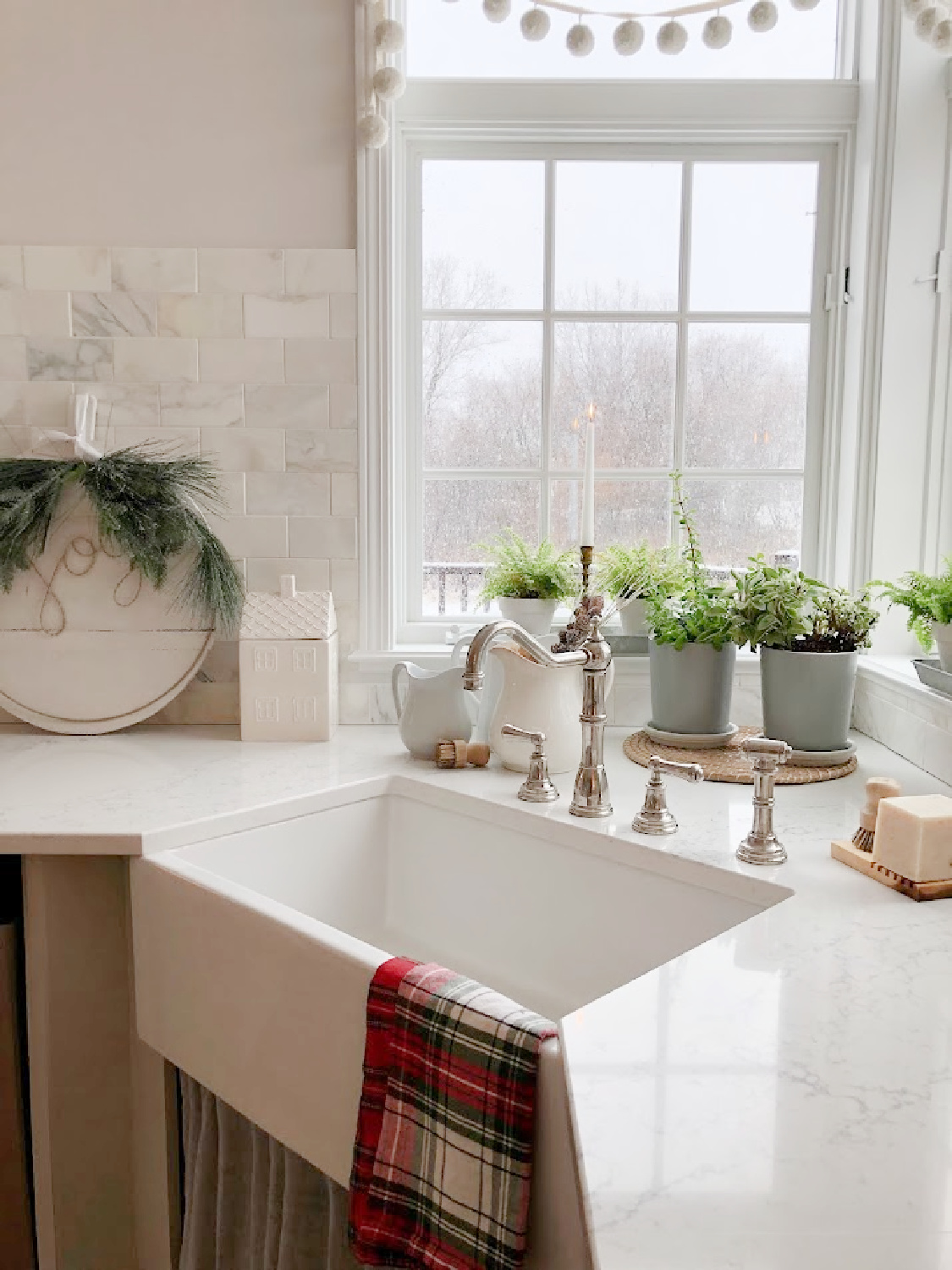 Holiday decorated white and grey European Country kitchen at the Georgian - Hello Lovely Studio.