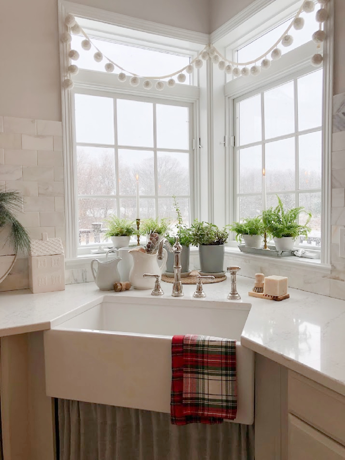 Holiday decorated white and grey European Country kitchen at the Georgian - Hello Lovely Studio.