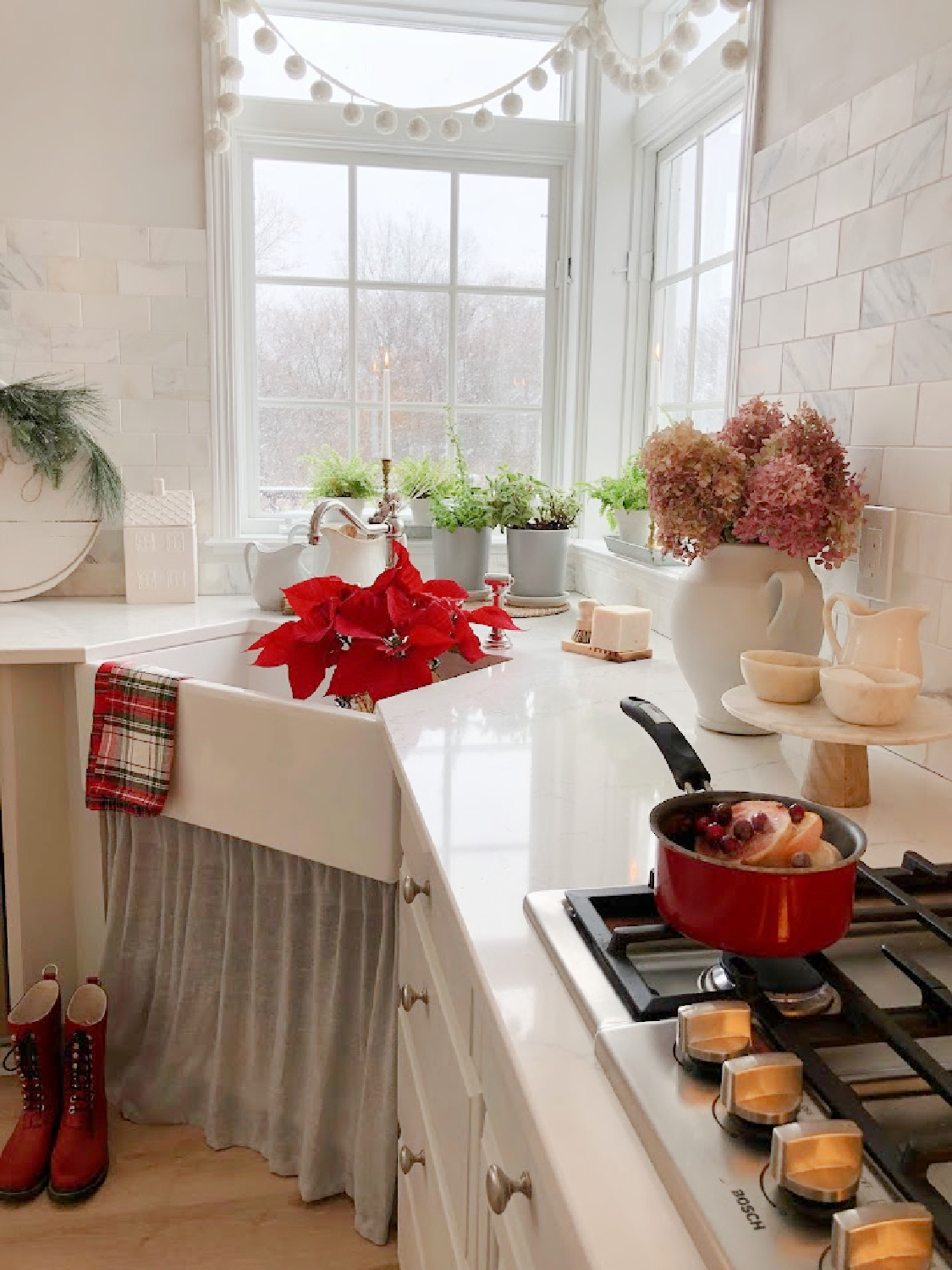 Holiday decorated white and grey European Country kitchen at the Georgian - Hello Lovely Studio.