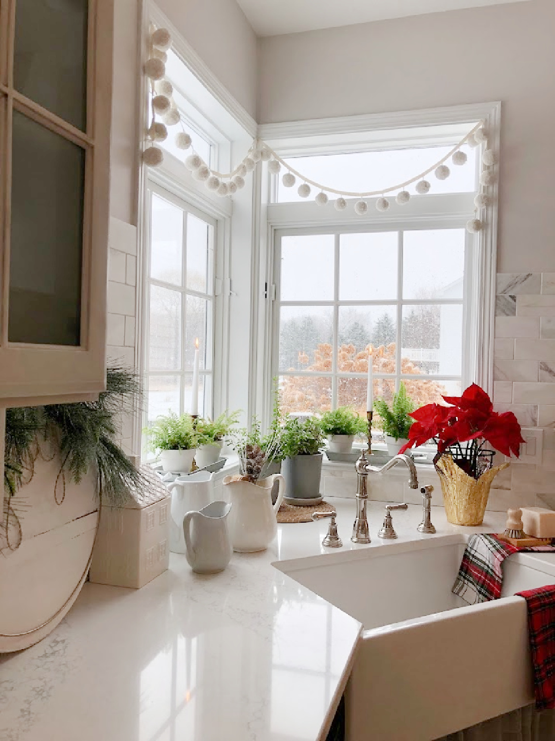 Holiday decorated white and grey European Country kitchen at the Georgian - Hello Lovely Studio.