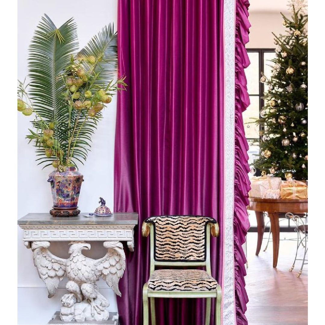 Beautiful entry with magenta curtains in Atlanta Holiday Home 2022 - design by Brittany Cason Interior Design.