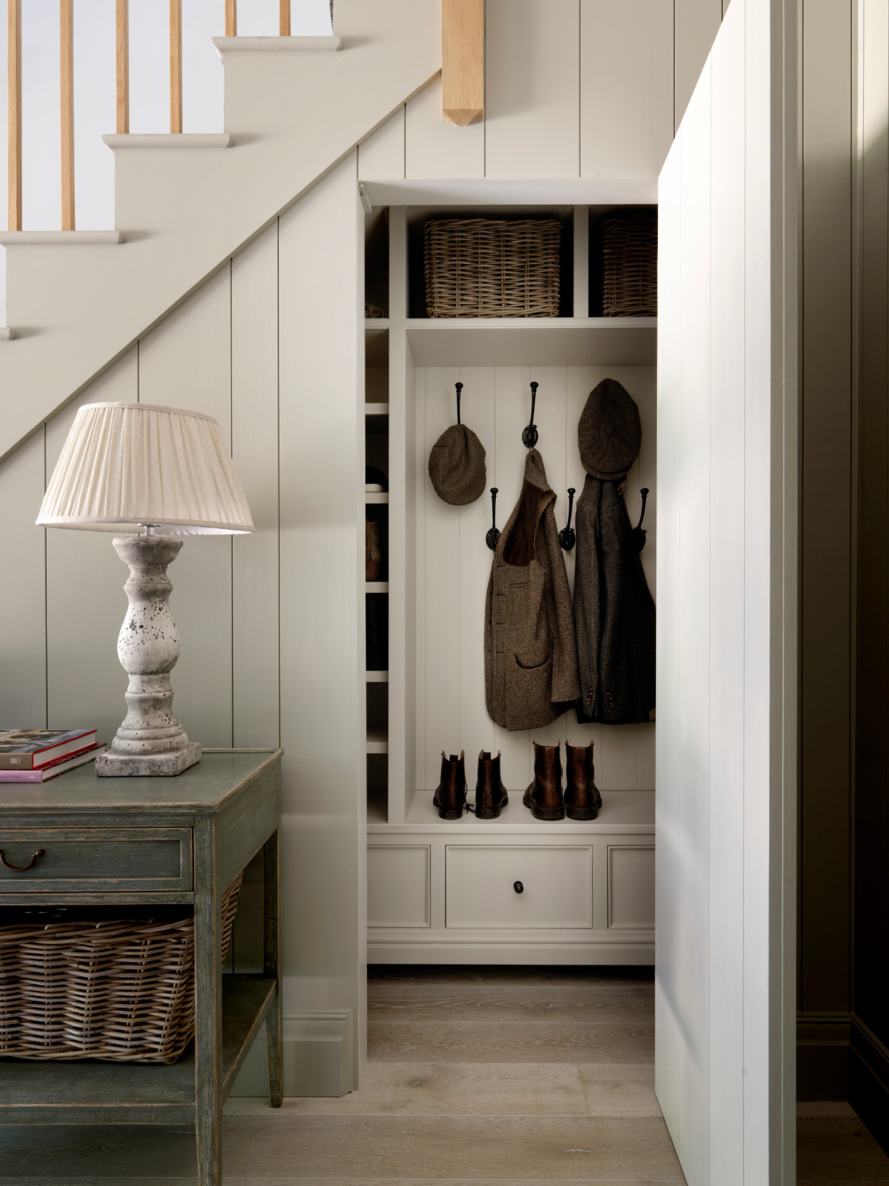 English Country boot room with design by Sims Hilditch in THE EVOLUTION OF HOME (Rizzoli, 2022).
