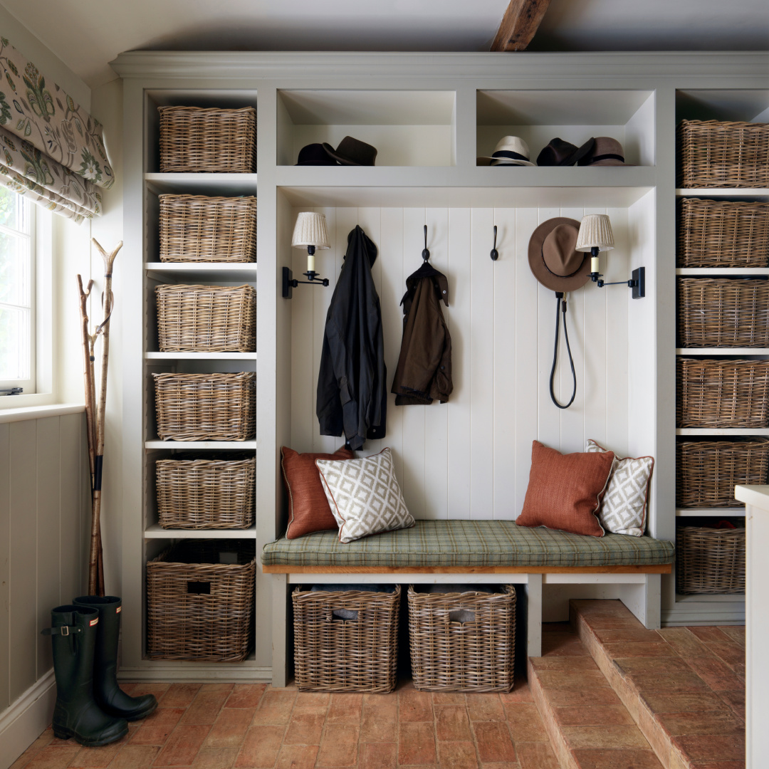 English Country boot room or mud room interior with design by Sims Hilditch in THE EVOLUTION OF HOME (Rizzoli, 2022).