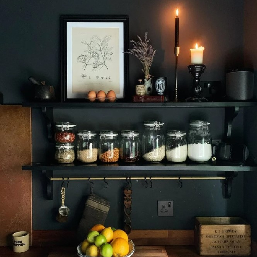 Farrow and Ball Off-Black No. 57 black kitchen cabinets in a beautifully designed kitchen by @warehouse_townhouse. #blackkitchencabinets