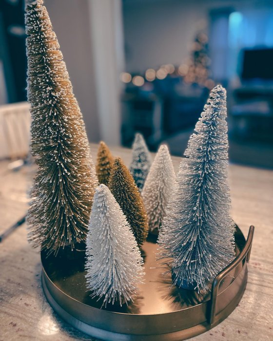 Flocked bottle brush trees massed on a tray, Target