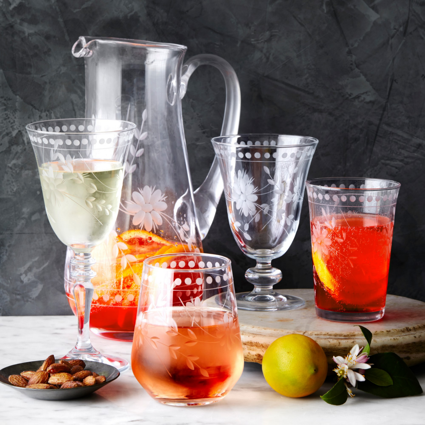 Gorgeous vintage etched tumblers and drinkware from Williams-Sonoma.