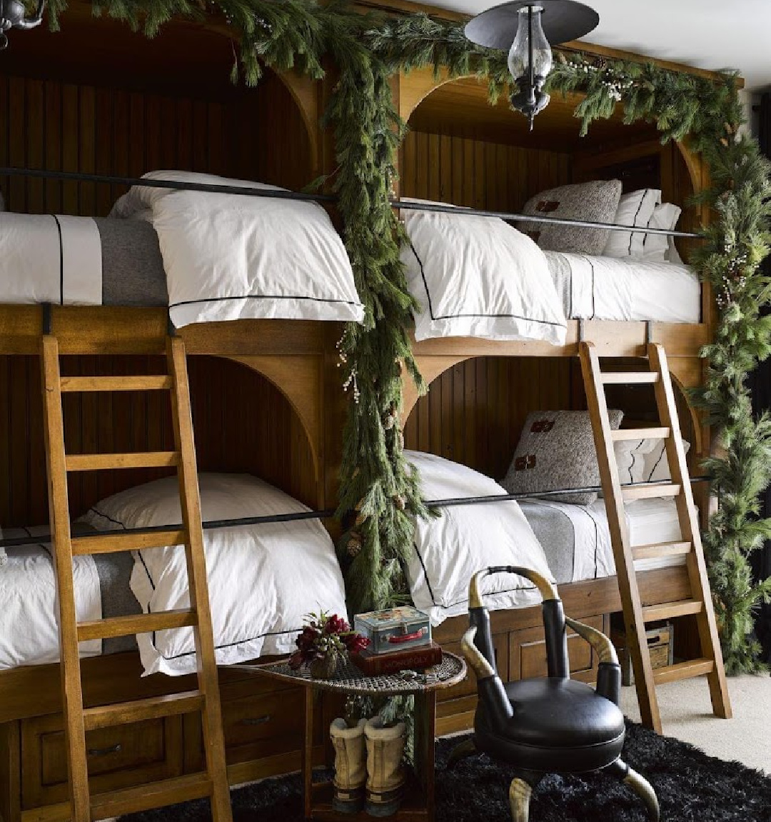 Bunk room with rustic chic mountain loge style at Yellowstone Club - design by Ken Fulk in Elle Decor; photo by Douglas Friedman.