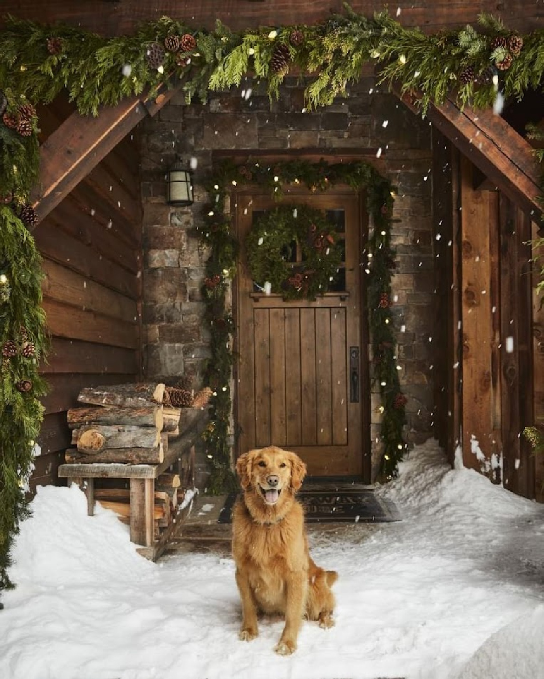 Rustic mountain cabin exterior and front door with Golden retriever at Yellowstone Club - design by Ken Fulk in Elle Decor - photo by Douglas Friedman. #mountainchic