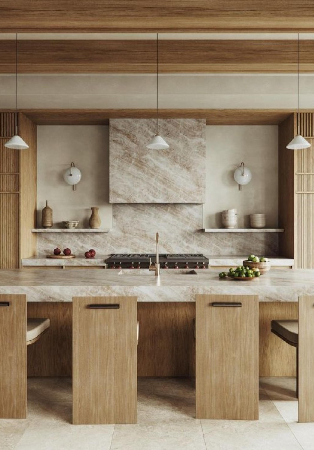 Luxurious minimal luxe modern warm kitchen with Taj Mahal quartzite and design by Noa Santos. #minimalluxe #luxuriouskitchens #tajmahalquartzite