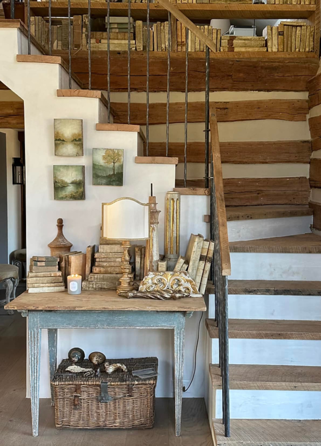 Patina Meadow (Leiper's Fork, TN) log cabin interior with rustic European antiques, natural patina, and design by Brooke and Steve Giannetti - Velvet and Linen. #patinameadow #logcabins #giannettihome
