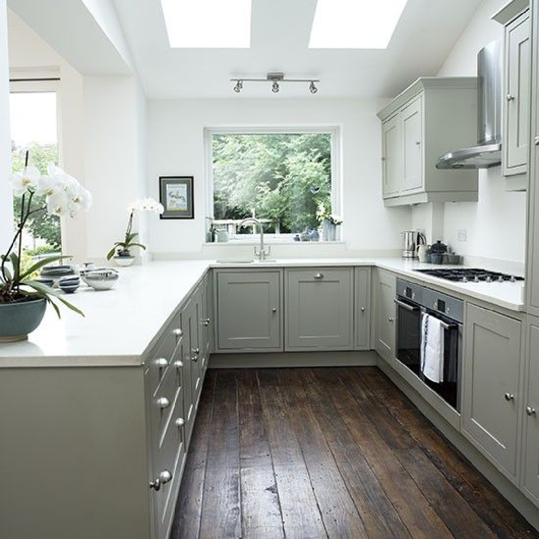 Green-gray cabinets in Shaker style kitchen with orchids, white quartz, and dark richly stained hardwood floors - housetohome.co.uk