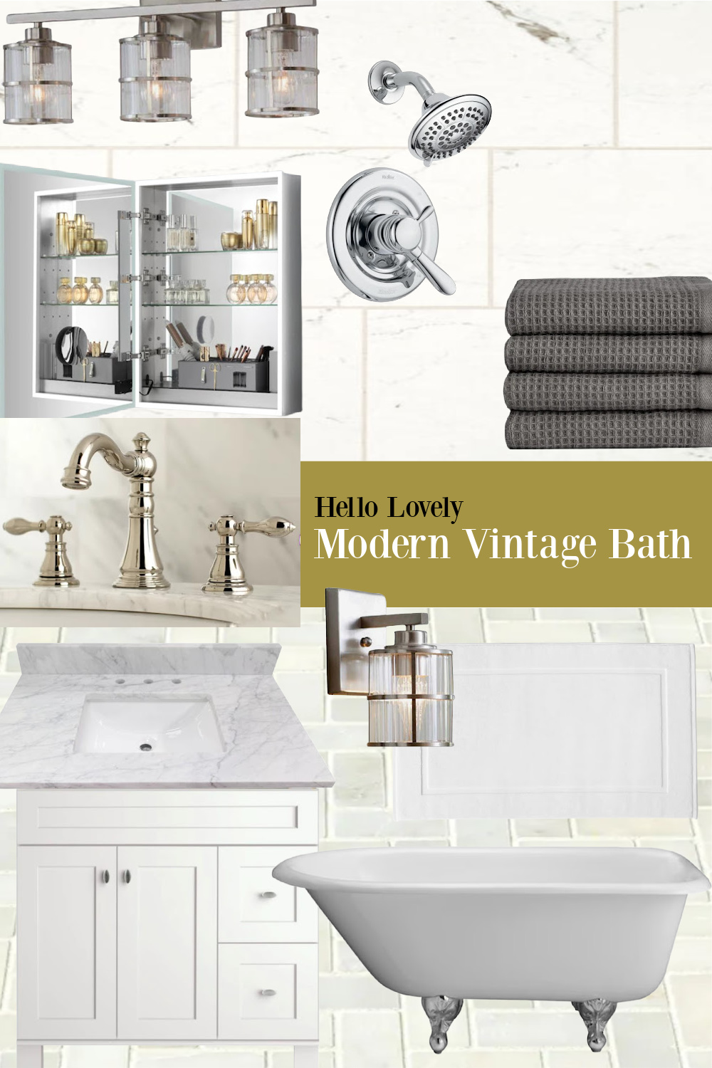 Hello Lovely modern vintage bath mood board resources for our Georgian's primary bath. #modernvintage #bathrooms