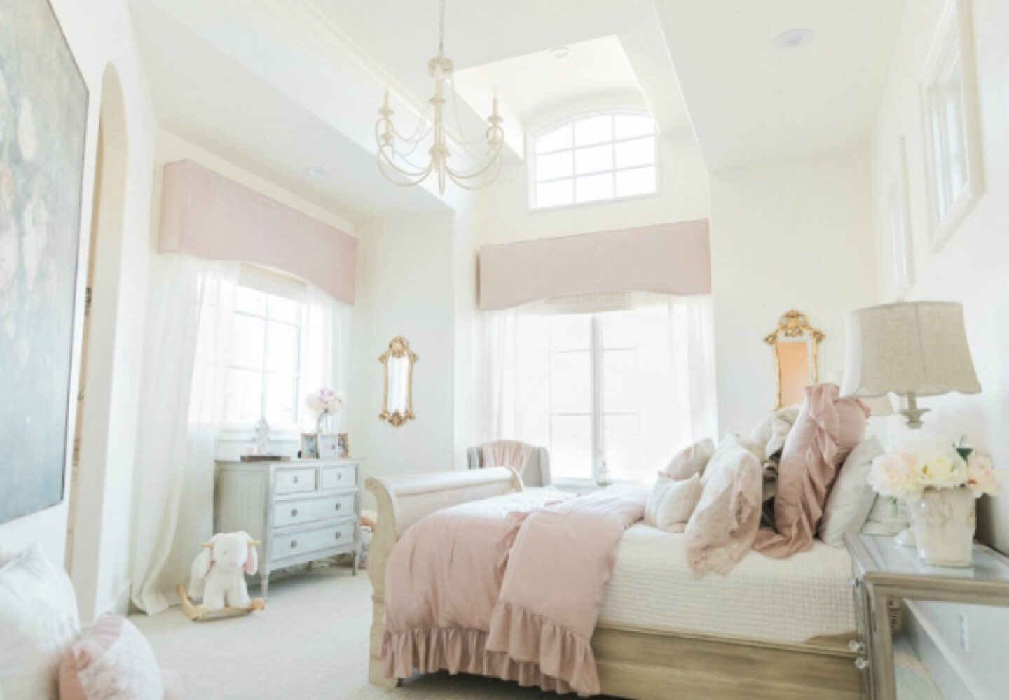 Sherwin Williams Alabaster paint color on walls. Elegant and lofty French country girl's pink bedroom. Romantic French farmhouse style by Brit Jones Design.