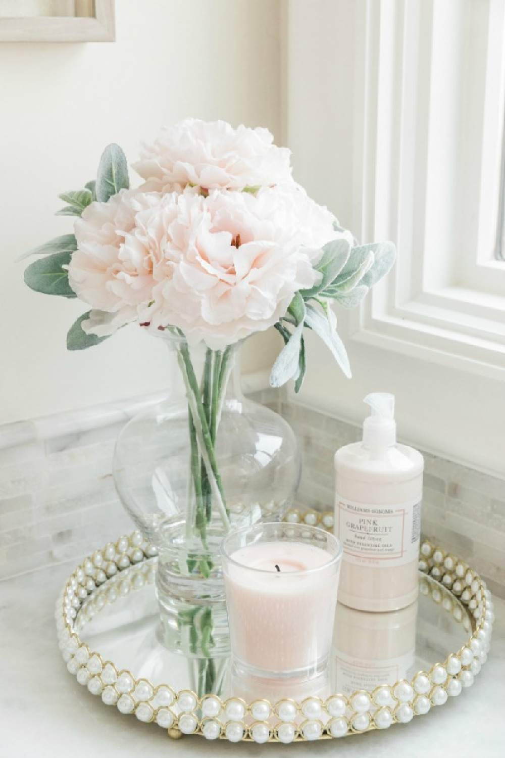 French country farmhouse bathroom with Sherwin Williams Alabaster paint color on walls. Brit Jones Design.