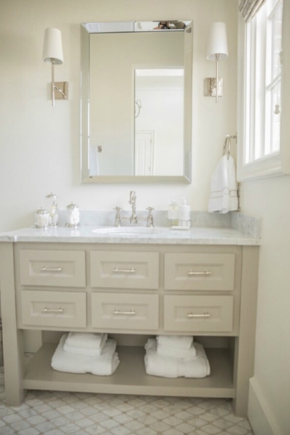 French country farmhouse bathroom with Sherwin Williams Alabaster paint color on walls. Brit Jones Design.