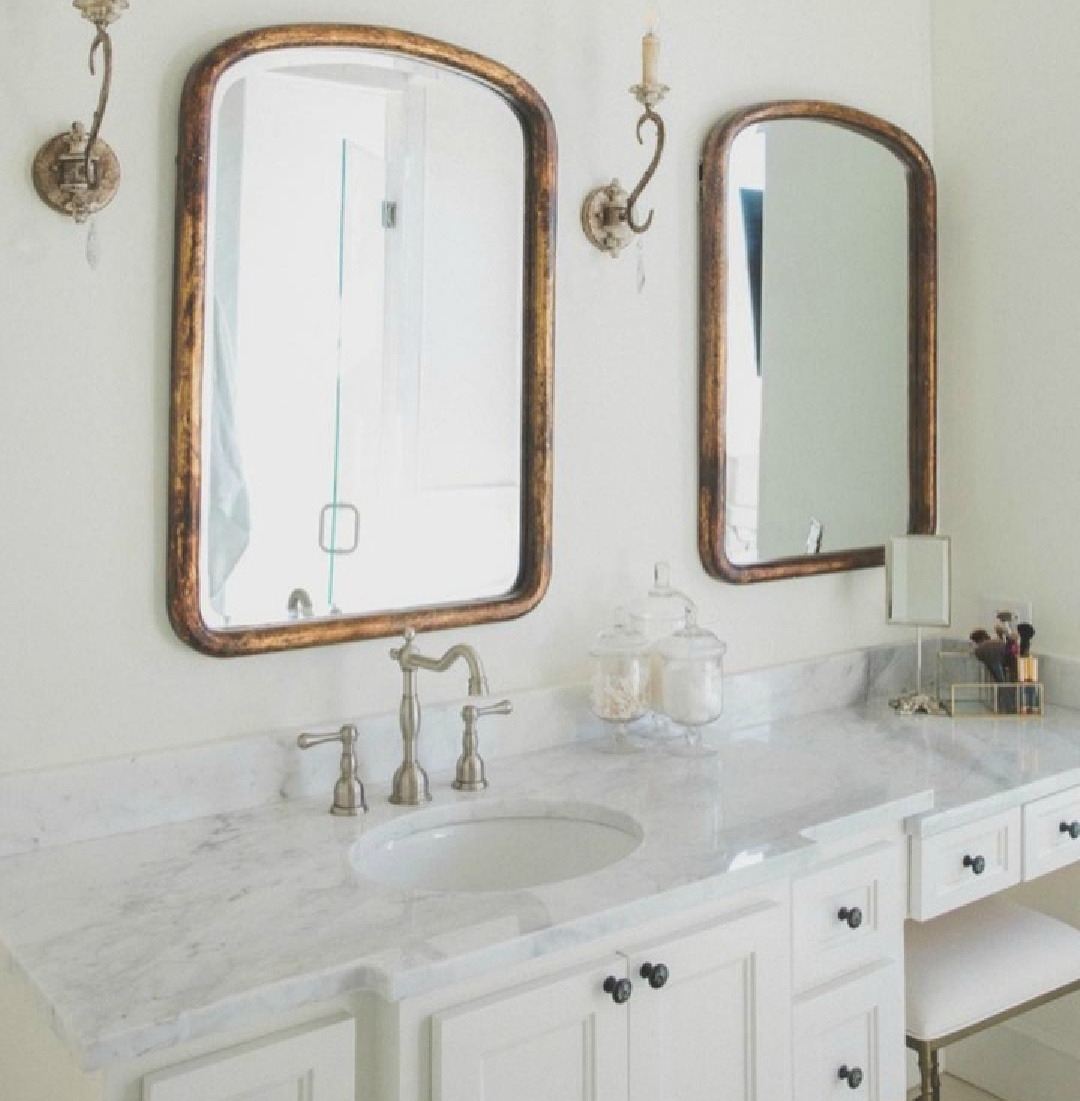 French country farmhouse bathroom with Sherwin Williams Alabaster paint color on walls. Brit Jones Design.