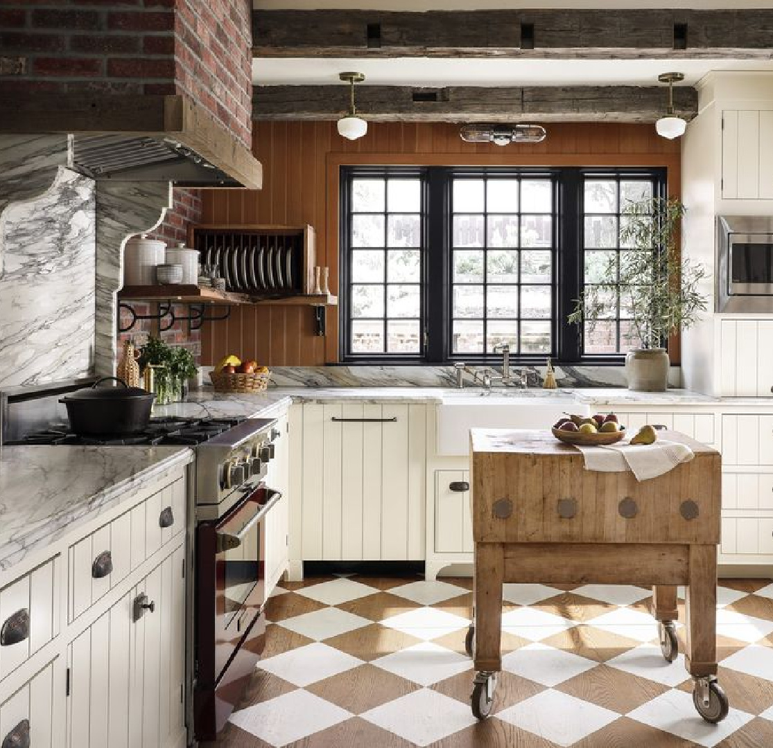 Rustic yet elegant kitchen with cabinets painted BM Light Breeze and checkered wood floor (photo by Haris Kenjar). #benjaminmoorelightbreeze